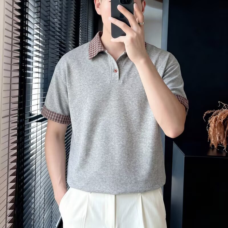 Men's Summer Plaid Patchwork Collared Polo Shirt Short Sleeved American Trendy Brand Versatile Loose Fit T-Shirt for Teenagers_viptrois.com