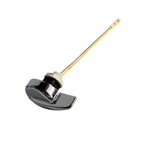 Old-style toilet tank accessories, front and side views, toilet flush handle, brass, extended rod, handle, button switch
