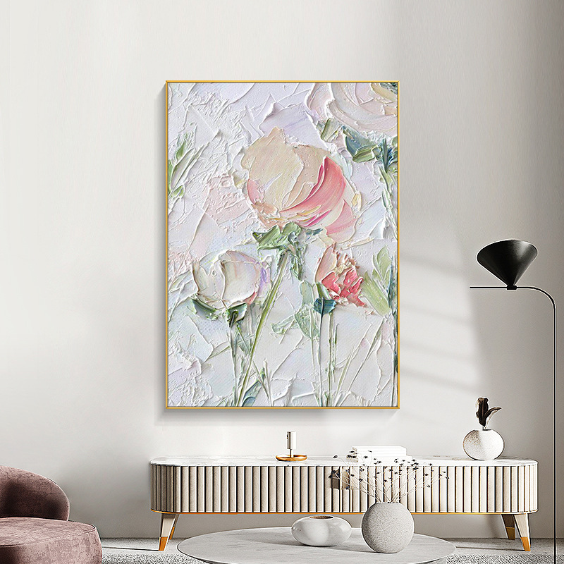 手描き油絵牡丹花卉レストラン軽豪華装飾画玄関縦版壁画客間ソファー背景壁掛け画|undefined
