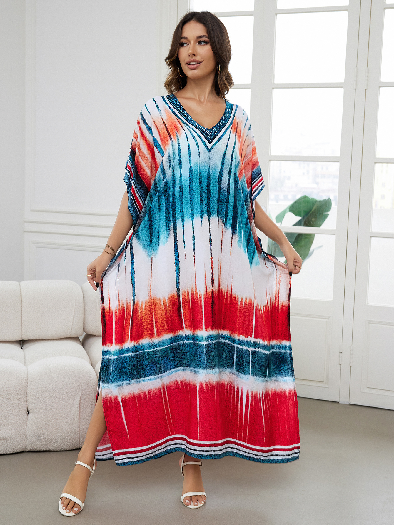 Rochie de plajă lungă kimono dama boho viscoză tie-dye_voghion.com