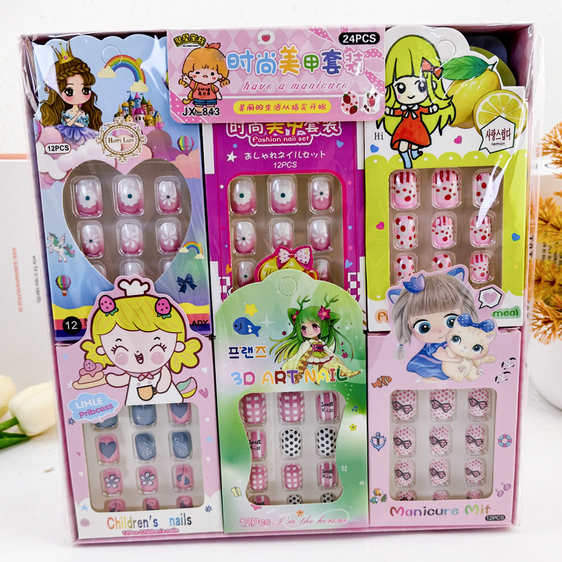 Children's cartoon nail art stickers, detachable nail art toys, girl's pretend play accessories, nail stickers, boxed set of 12 pieces