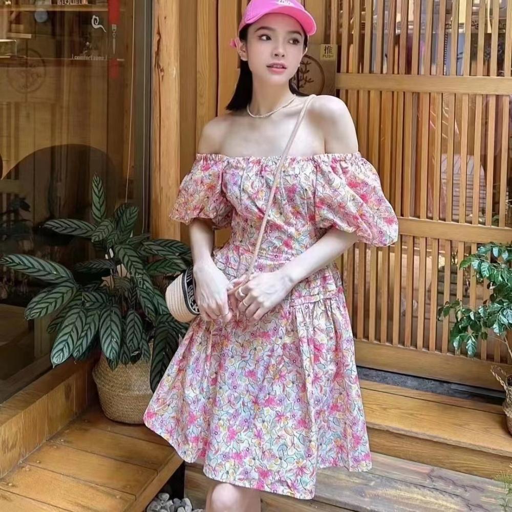 Đầm suông midi cổ vuông in họa tiết hoa tay bồng — Như hình chi tiết 1