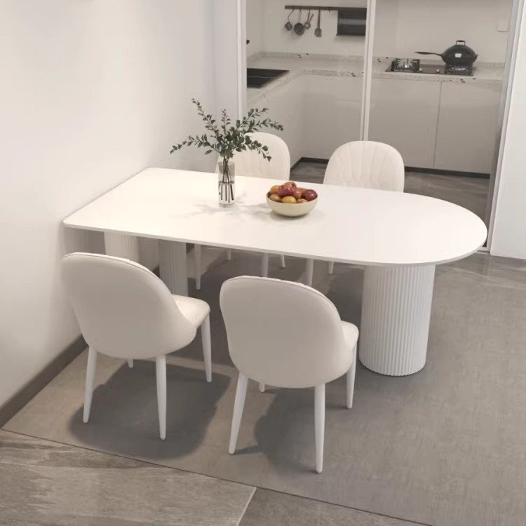 Mesa de comedor de estilo francés de estilo crema, mesa de esquina redondeada rectangular, combinación de mesa de comedor y silla doméstica moderna y simple