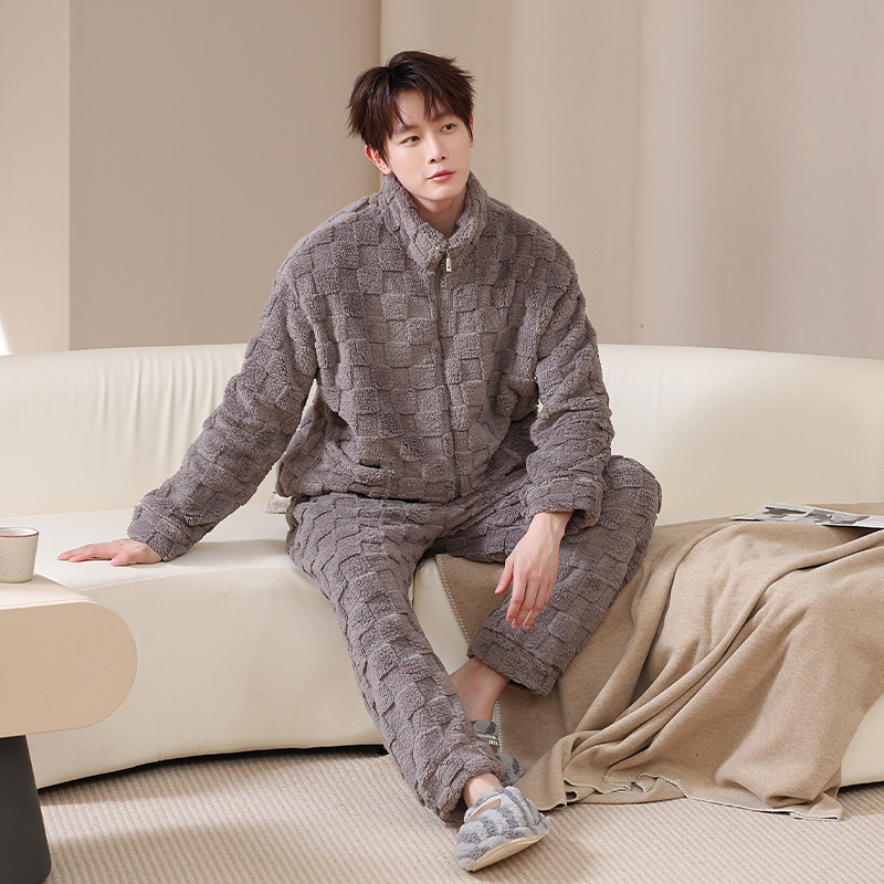 2024 가을과 겨울 남성 칼라 파자마 산호 양털 기모 패딩 플란넬 청소년 홈 의류 2 세트