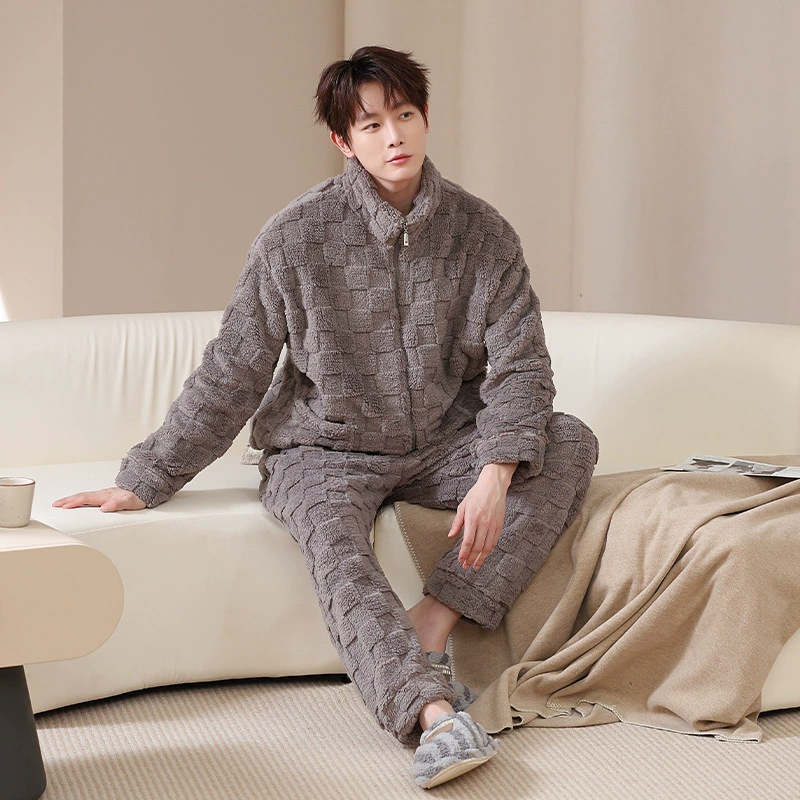 Men's Japanese demi-season pijama, flannel winter coral velvet set, simple cut, plus size