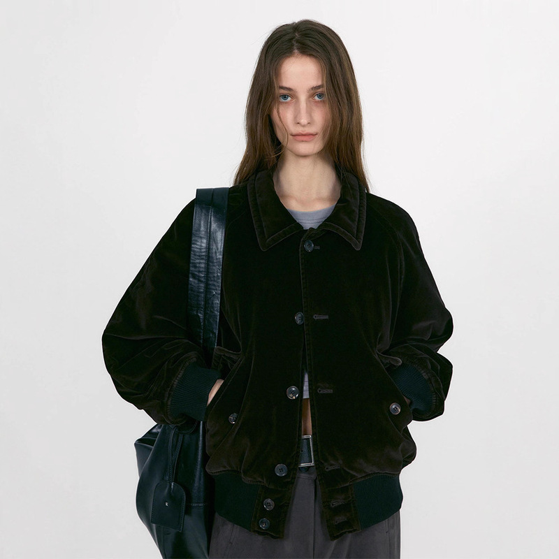 Low Classic Retro Washed Velvet Jacket for Women, New Autumn and Winter Style, Loose Fit, Slimming, Lapel Long-Sleeved Jacket