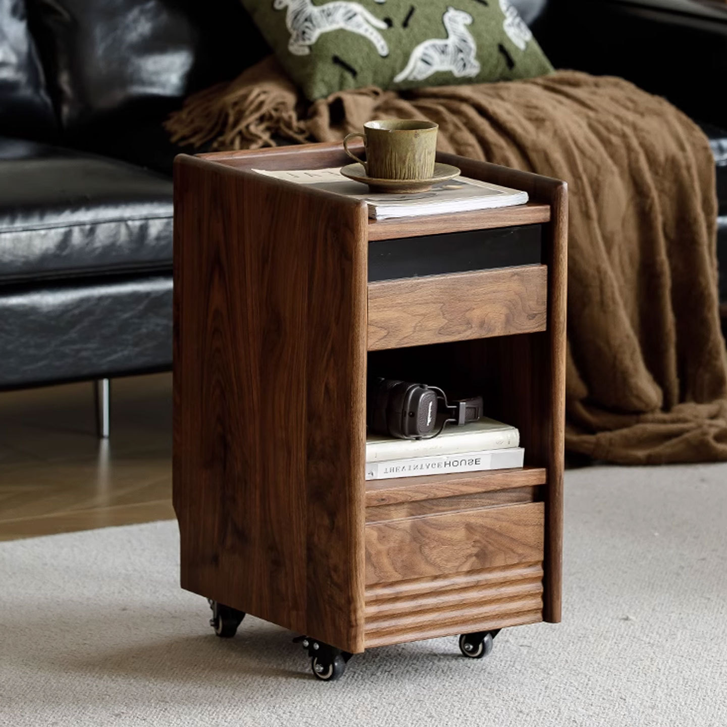 North American Black Walnut Sofa Side Cabinet Japanese Style Log Bedside Table Sofa Side Table Trolley Solid Wood Ultra-Narrow Bedside Cabinet
