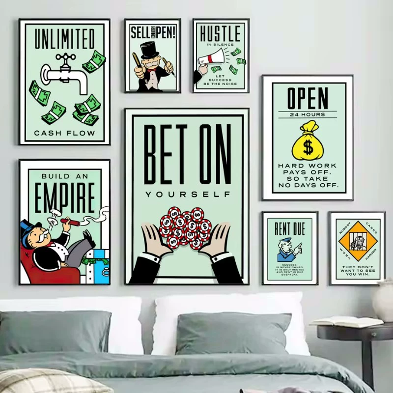 Cross-border hot seller dollar money cartoon character inspirational quote canvas painting room decoration painting