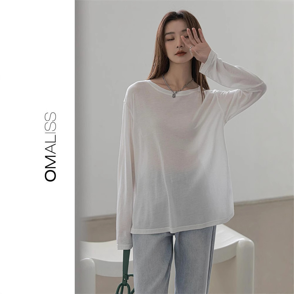 자외선 차단 긴팔 티셔츠, 라운드넥 텐셀 루즈 리오셀 마스크 코트, 여성용 솔리드 컬러 레이지 스타일