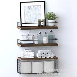 铁木结合壁挂式悬浮架浴室墙上多层浮动隔板架木质马桶带纸储物篮