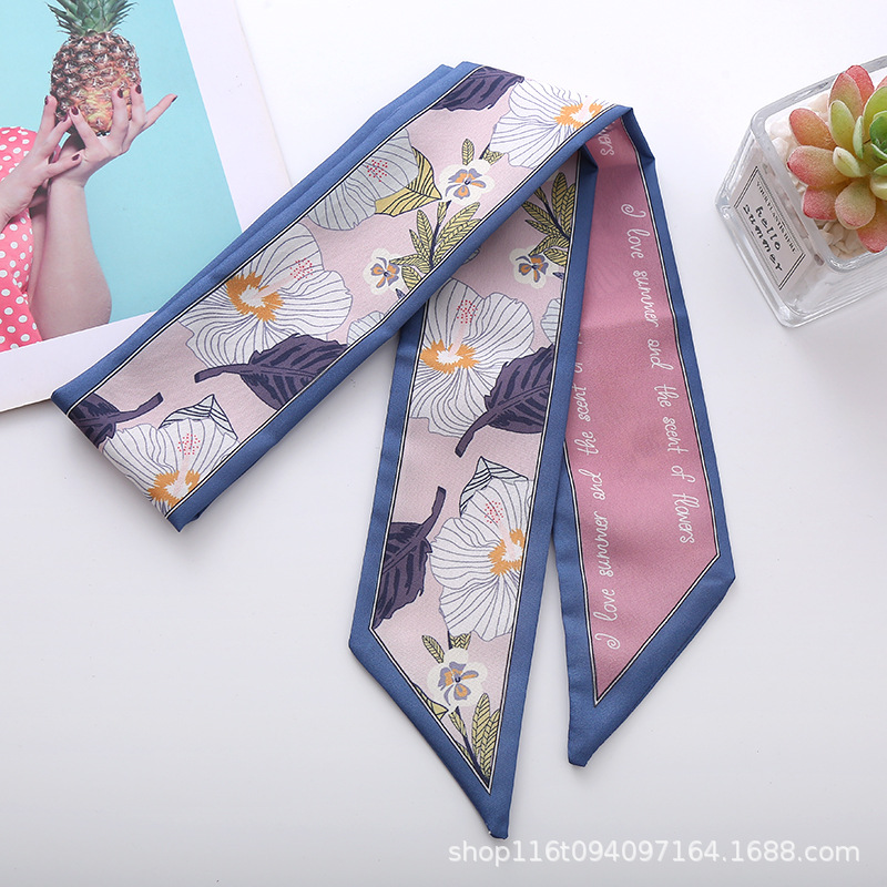 Cinta de primavera impresión larga estrecha ángulo pequeña bufanda de seda elegante estilo coreano banda de pelo bolsa de accesorios para el cabello entrega de una sola pieza