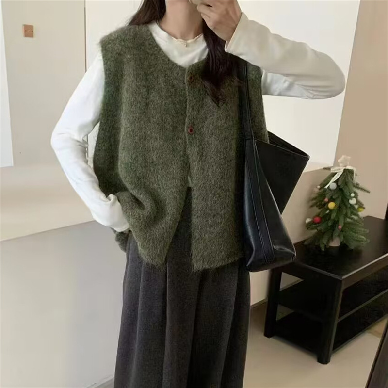 韩版复古百搭简约风无袖毛衣马甲女春秋季新款宽松叠穿针织背心女|undefined