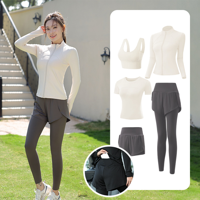 Trajes de yoga para mujeres de verano para correr ropa deportiva suelta rápida ropa seca bolsillo para correr trajes de mujeres de la mañana para correr comercio exterior