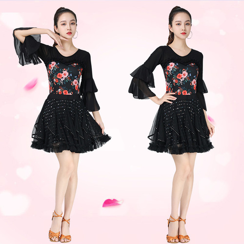 Square dance costume mesh mid-sleeve diamond-encrusted sailor dance costume jitterbug top internet celebrity new dance costume mesh