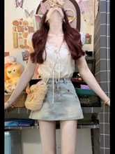 夏季女装搭配一整套茶系穿搭甜盐软妹泡泡袖衬衫牛仔短裙两件套装