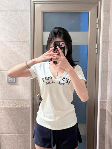 【220g 40 pcs pure cotton】letter embroidery V-neck short-sleeve t-shirt women slim fit short top white