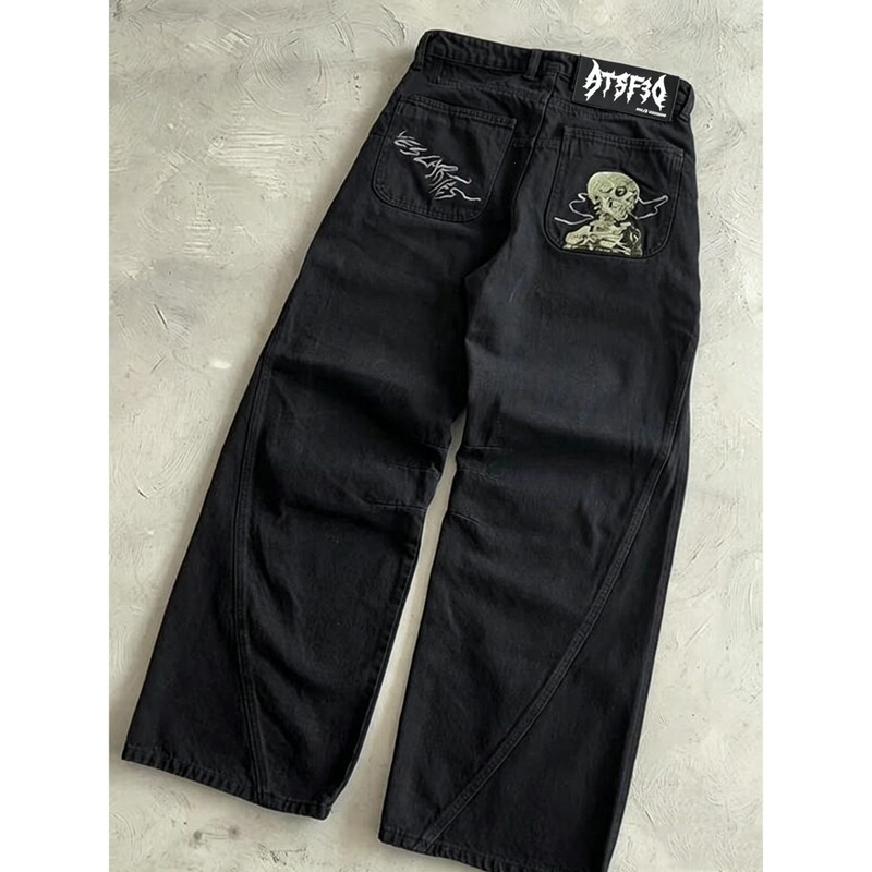 High-end trendy horror movie skull smoke embroidered jeans, loose high street wide-leg casual jeans for men High-end trendy horror movie skull smoke embroidered jeans, loose high street wide-leg casual jeans for men