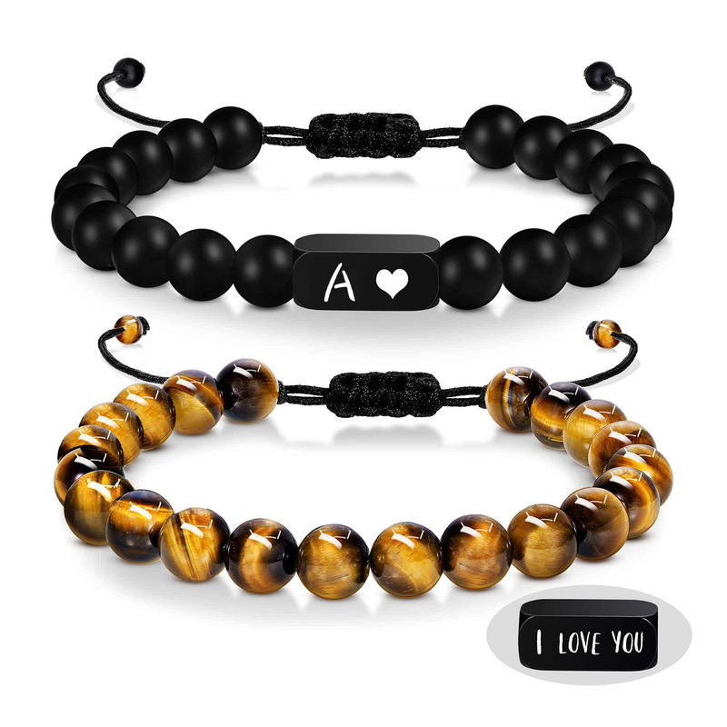 Matte Black Bracelet Tiger Eye Braided Hand Rope Tiger Eye Black Frosted Stainless Steel Black Square Bead Men's Bracelet suit