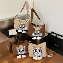 高颜值复古单肩包女可爱卡通条绒斜挎包兔子猫咪大容量百搭通勤包