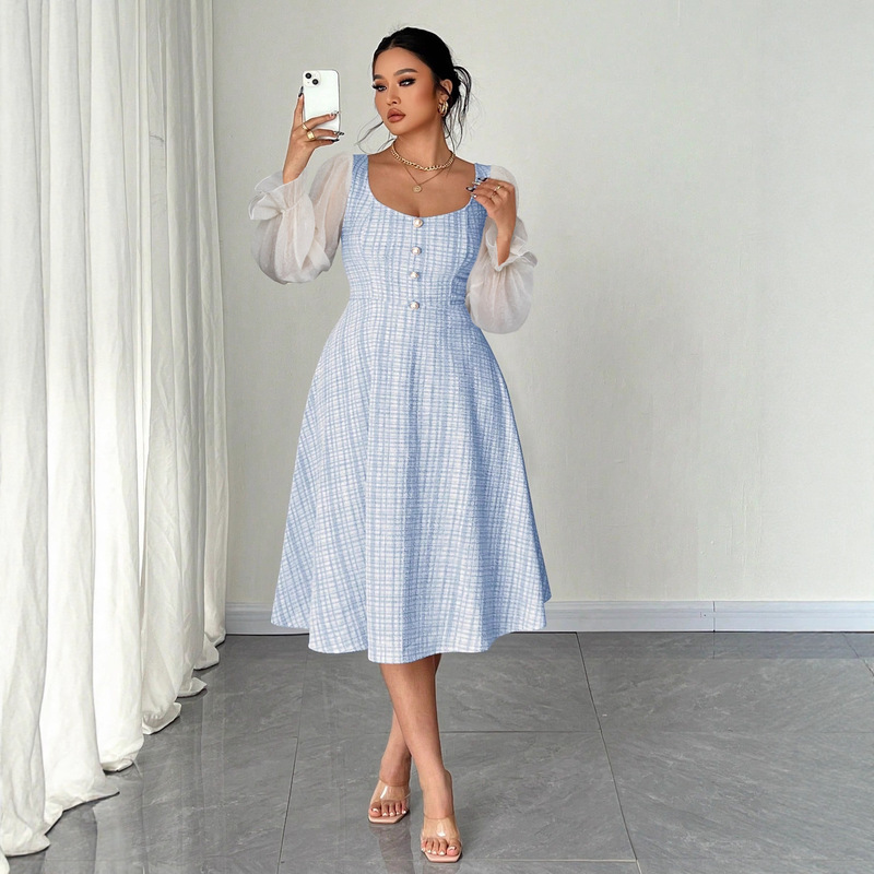 Aliexpress New Blue and White Plaid Chiffon Sleeve Mid-Length Dress Square Neck Backless Sexy High Waist Dress