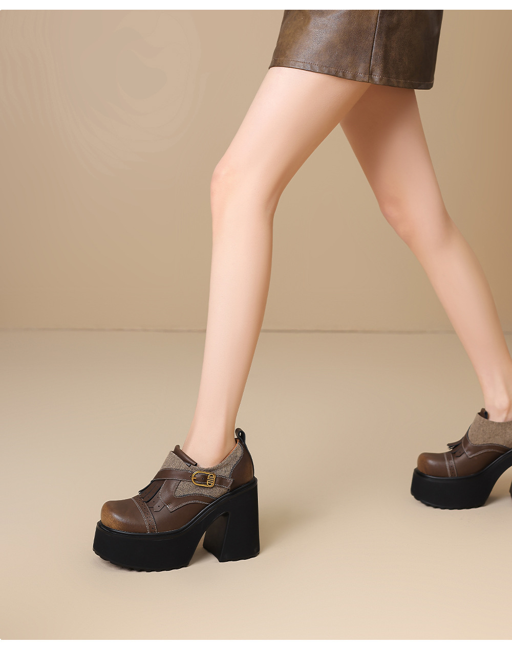 Giày cao gót nữ phong cách Anh quốc cổ điển, gót vuông siêu cao 12 cm, da bò phối màu, mũi nhọn — màu nâu chi tiết 2