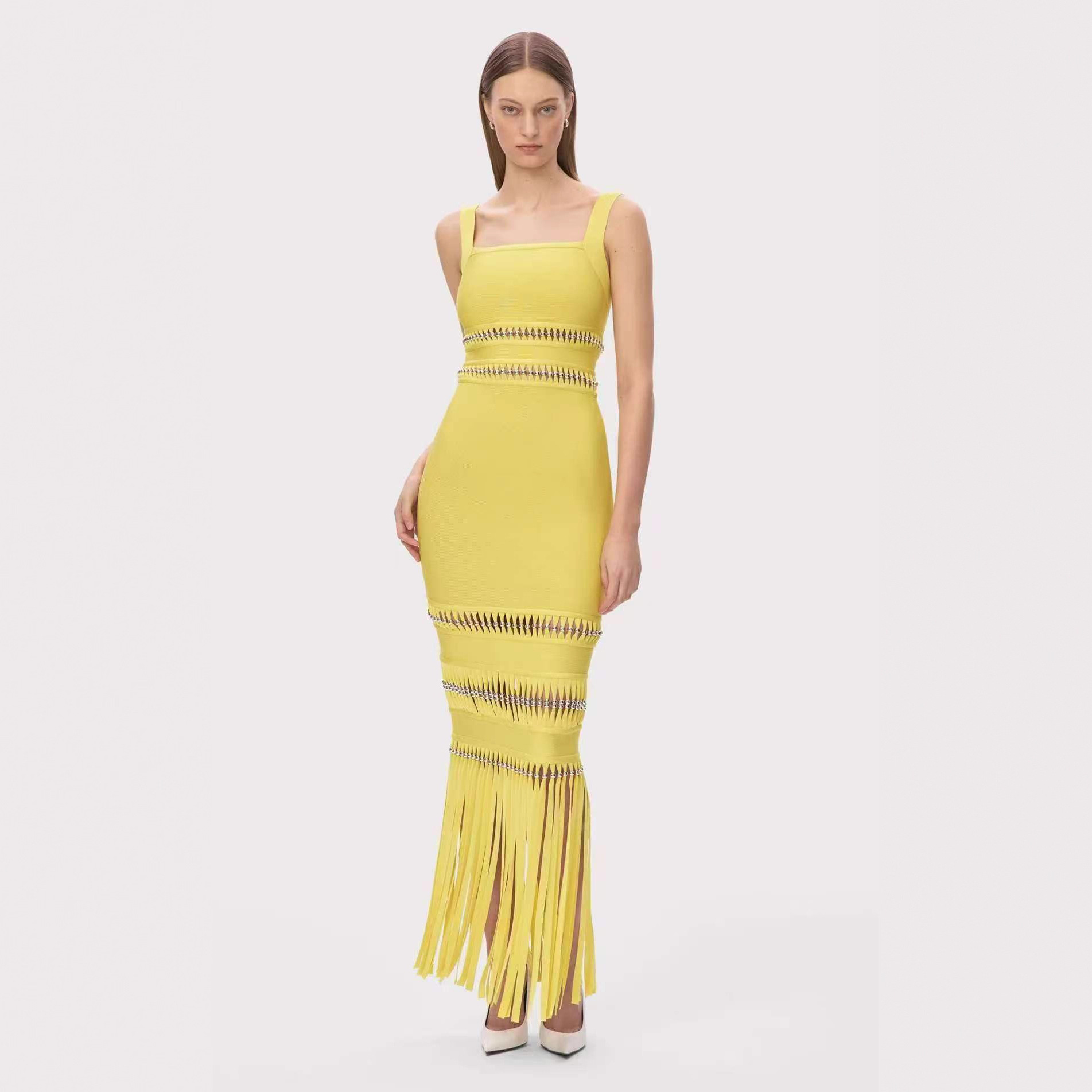 ​​Cross-border hot style bandage thin straps decorated with sequins and tassels slim evening dress nightclub party style long skirt​