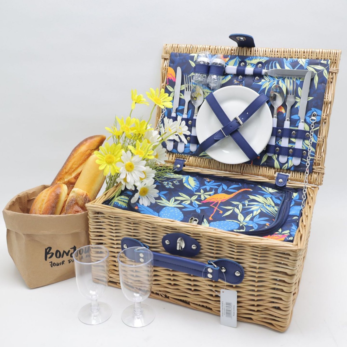 Cesta de almacenamiento portátil con tapa de ratán de stock de fábrica, al aire libre con vajilla, salida de primavera, cesta de picnic de sauce