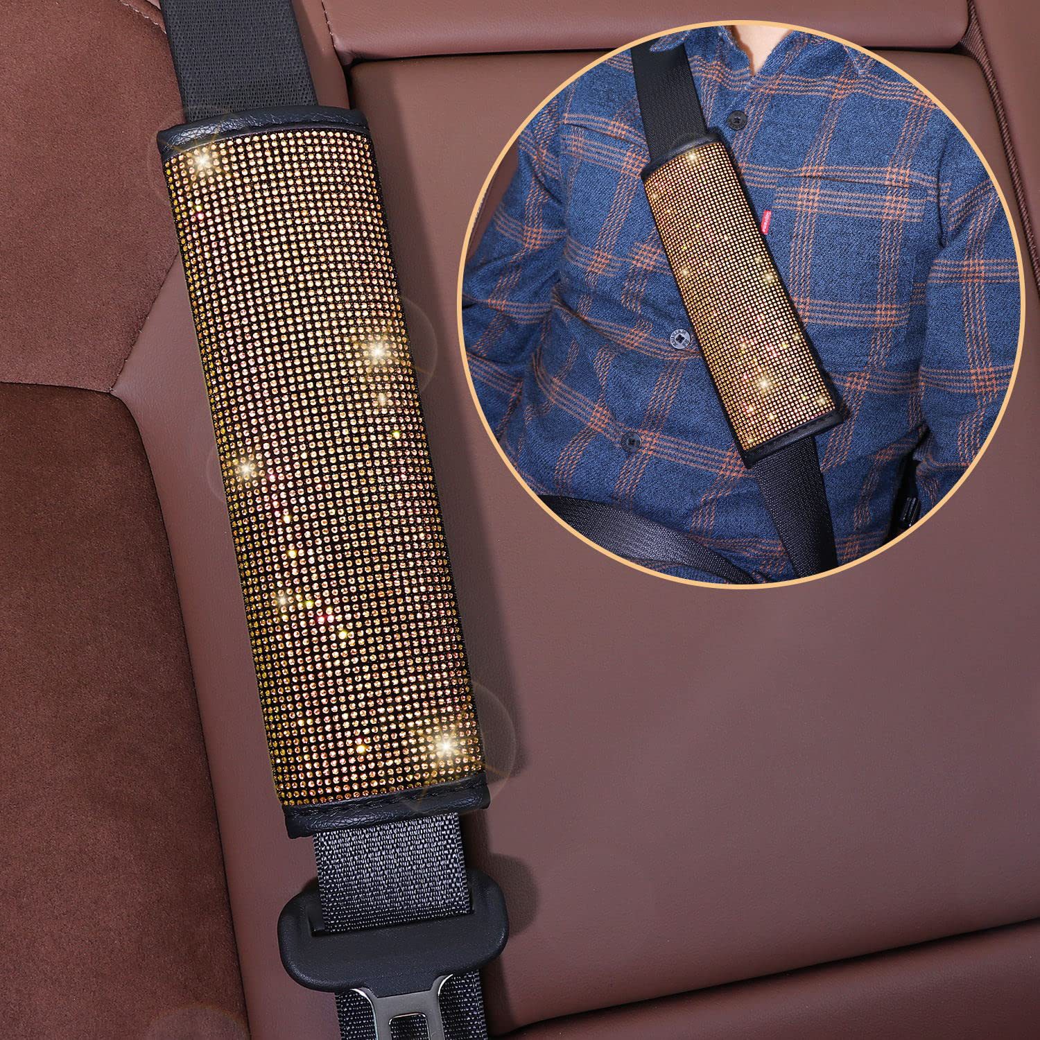 8-Piece Car Diamond-Encrusted Decorative Set: Steering Wheel Cover, Ignition Ring, Seat Belt Shoulder Pads, Cup Mat, Gear Shift Cover