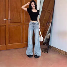 小众纯色牛仔裤女2026春夏新款修身显瘦辣妹高腰直筒微喇叭裤子潮