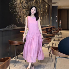 苎麻连衣裙夏季新款文艺范大码宽松甜美休闲透气无袖纯色中长裙