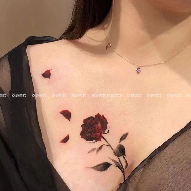 ins Style Rose Tattoo Dark Style Sexy Long-lasting Waterproof Chest Women's Cool Red Rose Arm Realistic