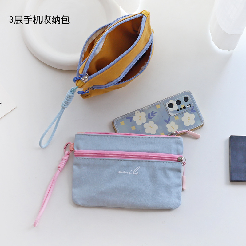 Japanese-Style Multi-Layer Phone Pouch Simple New Retro Mini Small Bag Zipper Coin Purse Card Holder Key Small Wallet