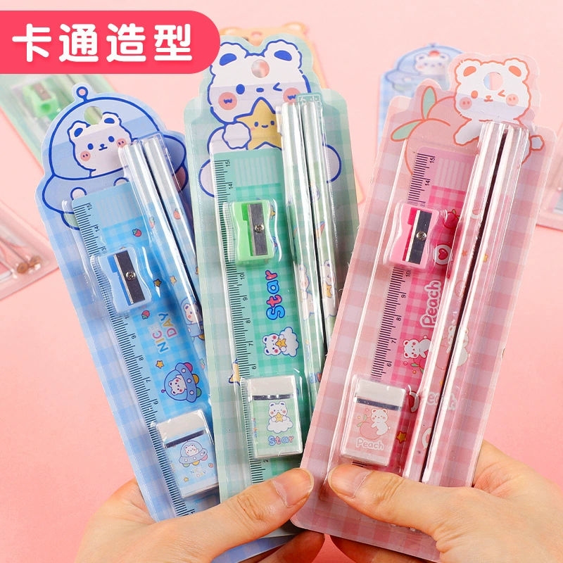 Set for students, eraser, sharpener, ruler, children's teaching stationery, 5 pieces