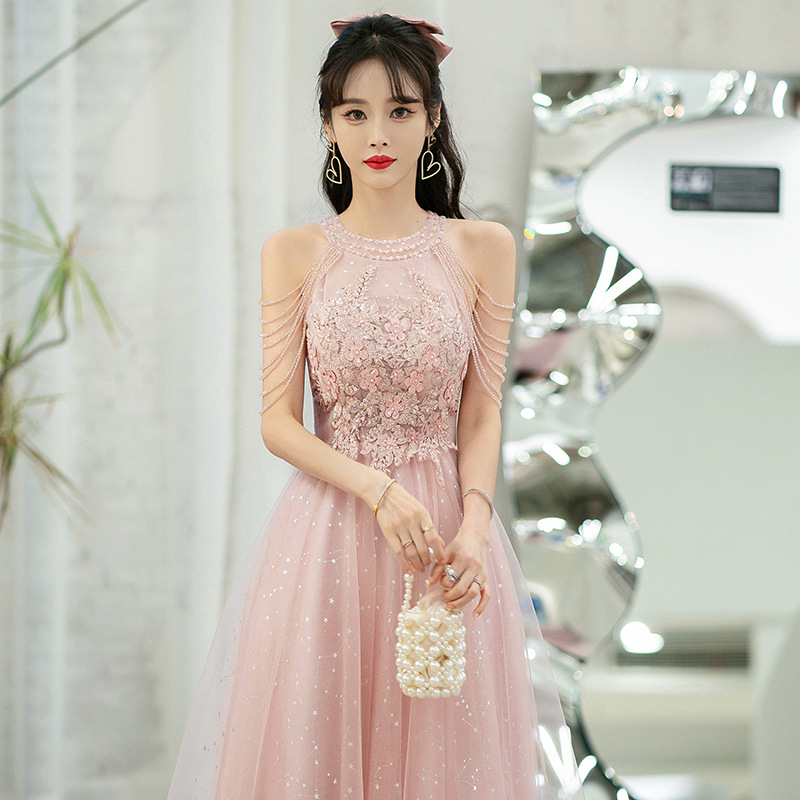 Pink Evening Dress for Women, High-End 2026 New Style Host Dress, Winter Graduation Fairy-Like Choir Performance Costume