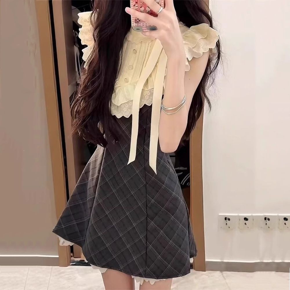 (Cross-Border) Summer New Style French Retro Bow-Knot Plaid Elegant Slim-Fit Niche Design Dress for Women