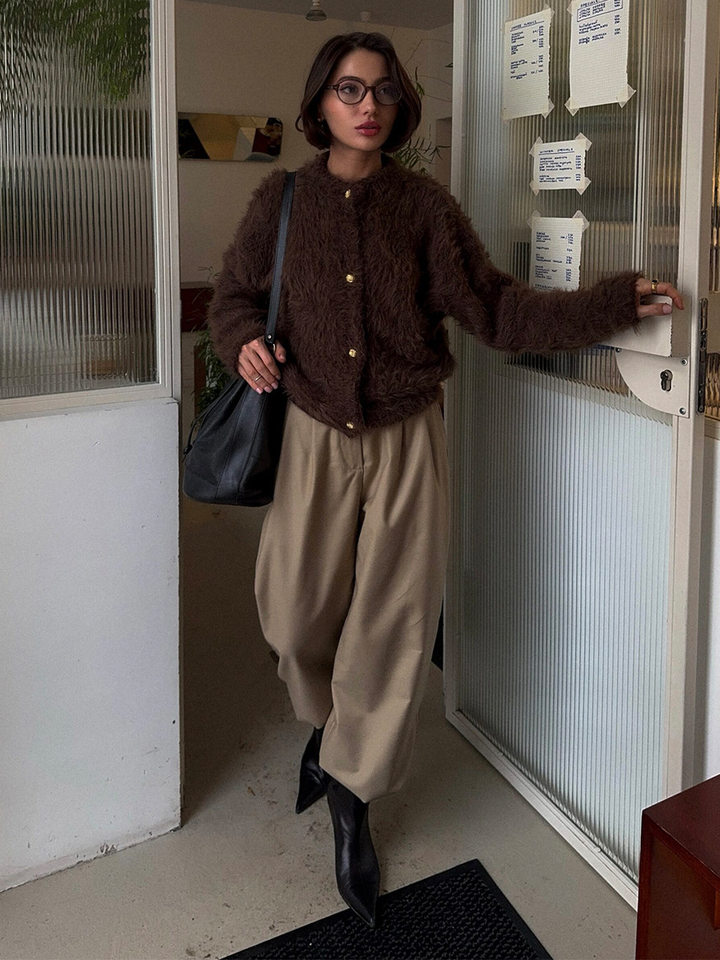 Áo cardigan len dệt kim dáng suông cổ tròn tay dài cài nút phong cách Hàn Quốc — Màu nâu, Xanh quân đội, màu hồng, Đỏ (Còn hàng) chi tiết 49