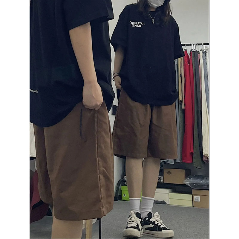 Japanese style Cotton Street work shorts women's summer thin brown ins trendy wide leg shorts men's and women's pants