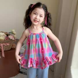 女童夏季背心吊带2026新款女宝宝格子薄款儿童多巴胺洋气时髦夏装