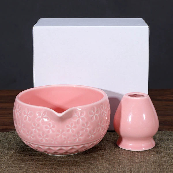 Pink embossed matcha bowl+tea stand+white box