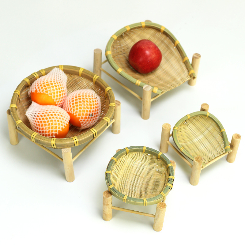 竹編帶架籃零食筐簸箕家用水果收納籃農家飯店餐盤架子籃手工裝飾