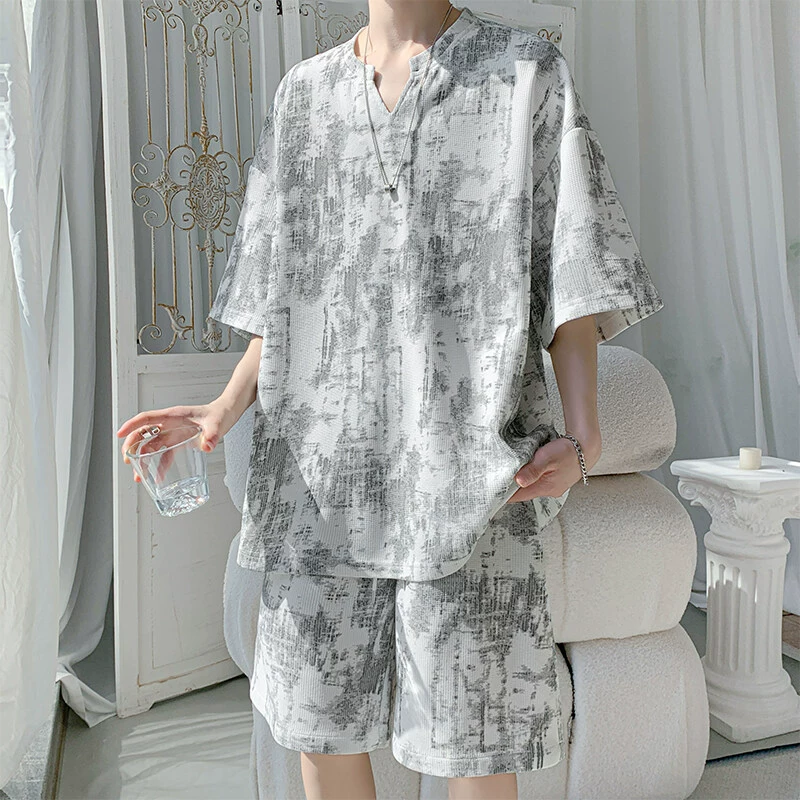 Летний американский ретро-вафельный тай-дай футболка с V-образным вырезом и короткими рукавами, спортивный костюм, молодежный модный комплект из двух предметов