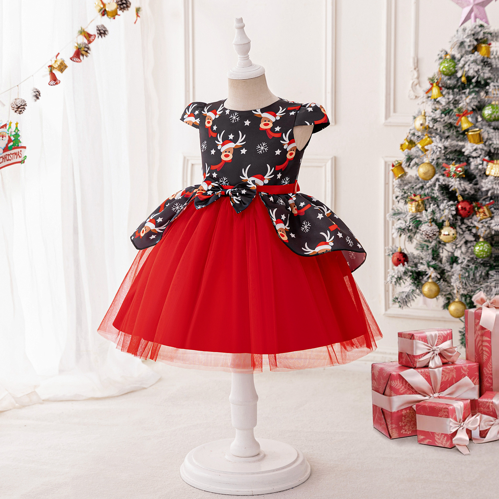 Vestido infantil de Navidad niñas mangas de dibujos animados princesas de vacaciones vestido de impresión de ciervo vestido de espectáculo image 3