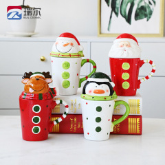 新型蓋付きサンタクロース雪だるま陶磁器マグカップ立体キャラクタークリスマスカップ現物卸売り