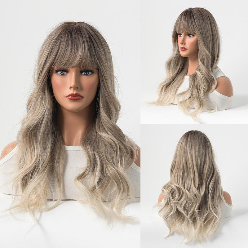 New Europe and the United States long curly wig female wigs gray gradient neat bang hair high temperature wire head