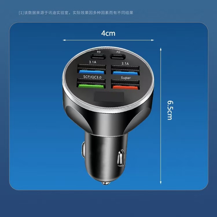 New 6-Port Digital Display Car Charger 66W Fast Charging Six-In-One Super Fast Charging Car Charger Pd Mobile Phone Charging Head
