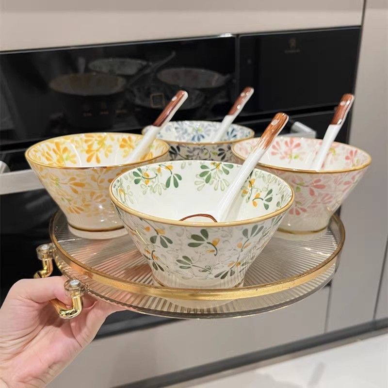 Four-Season Floral Four-Bowl Set of Japanese-Style Inch-Sized Conical Household Ceramic Bowls for Eating, Underglaze Color Rice Bowl Set, Underglaze Color