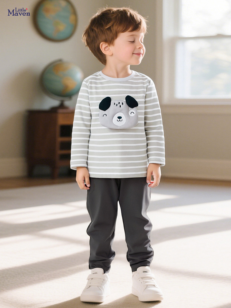 Kids Long Sleeve Striped Suit with Embroidered Dog Face
