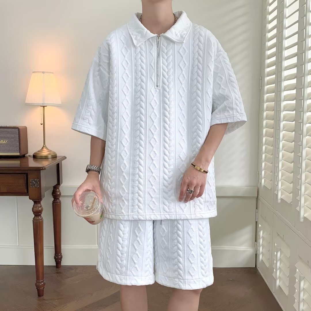 Waffle Polo Shirt Short-sleeved Shorts Set Summer Thin Loose Casual Sports Set Men's Outdoor Set Trendy