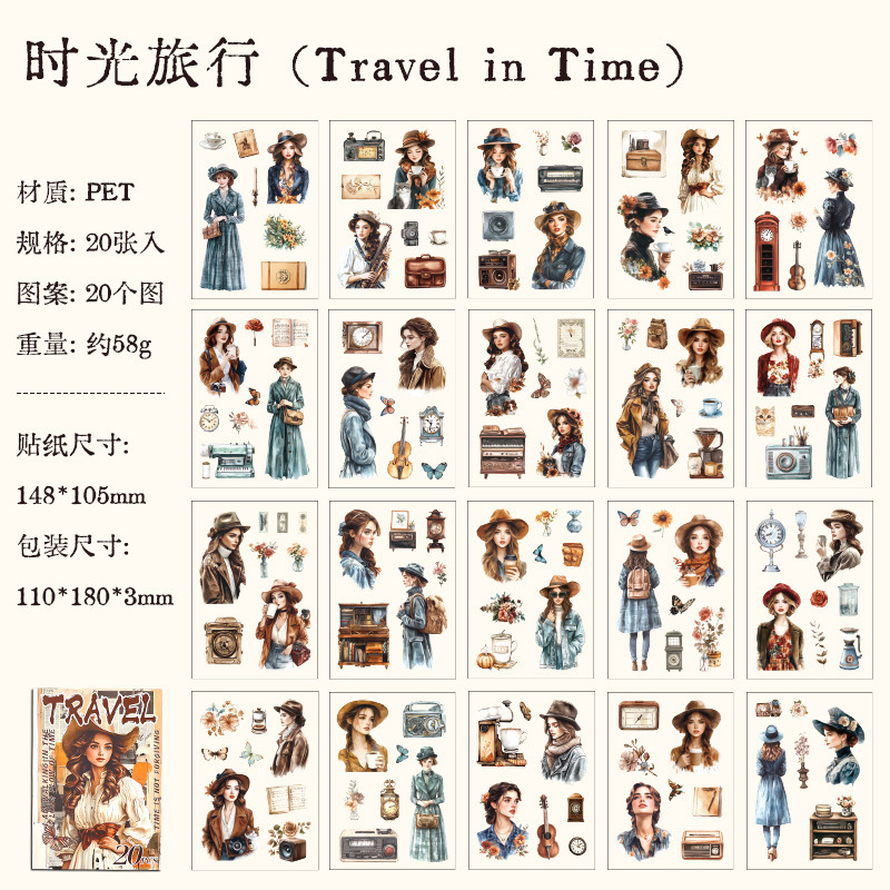 Rastreando los años fugaces, pegatinas de pet transparentes a prueba de agua, pegatinas de diario de bricolaje, pegatinas de chicas europeas retro transfronterizas