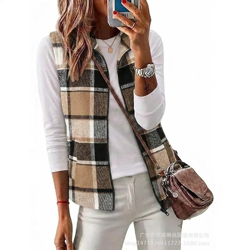 2026 Amazon European and American foreign trade cross-border women's flannel plaid vest with zipper, sleeveless jacket, casual waistcoat
